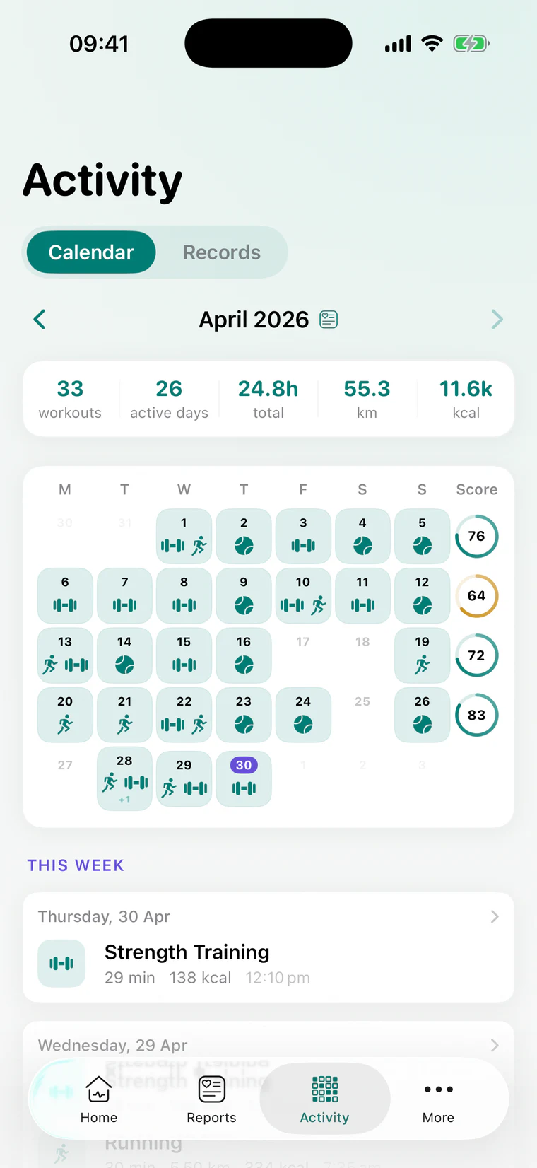 A month grid of workouts with weekly scores in the right-hand column