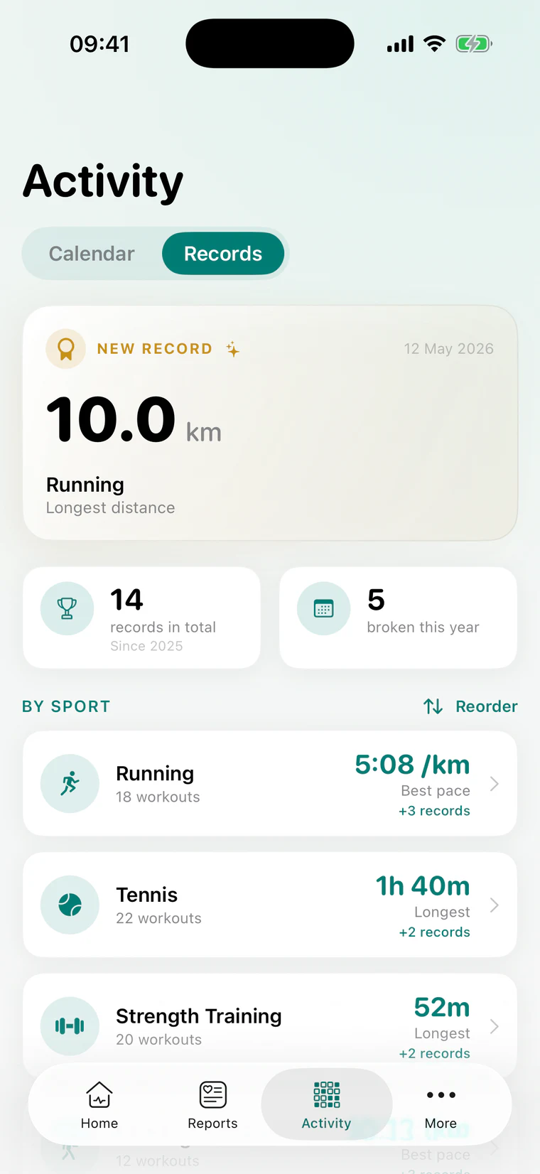 Personal records showing a new 10 kilometre running record and bests grouped by sport