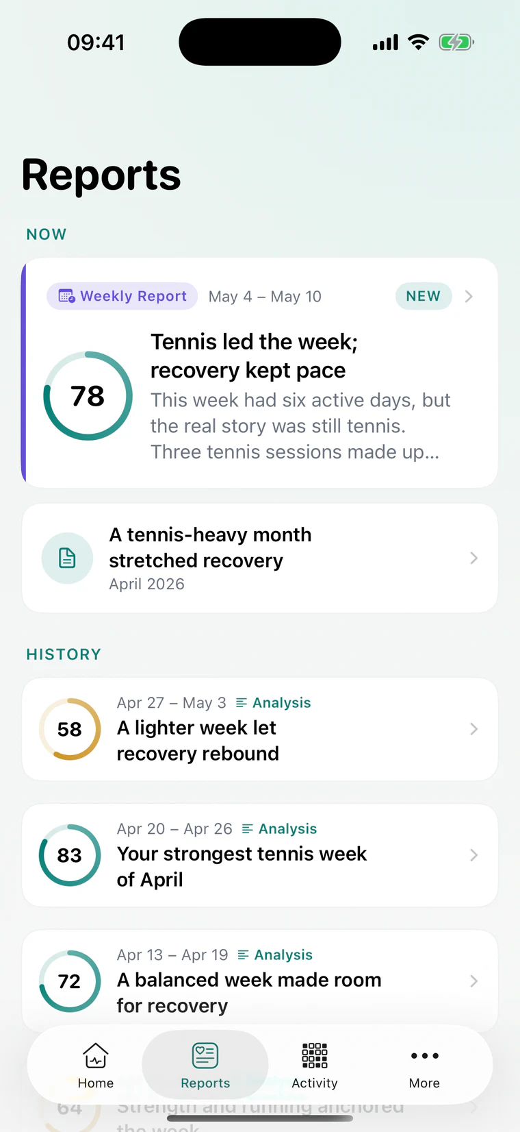 The reports library listing the current week and month above past weeks