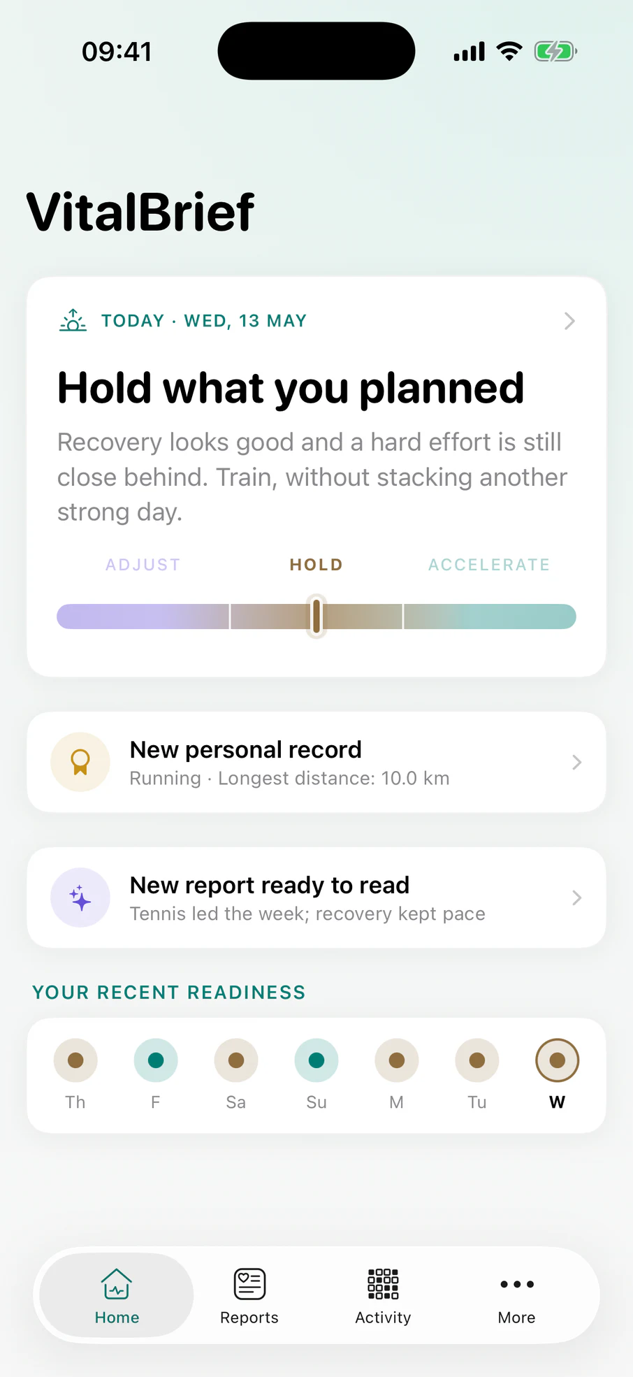 The VitalBrief Home screen showing today's call, Hold what you planned, above an adjust, hold and accelerate rail